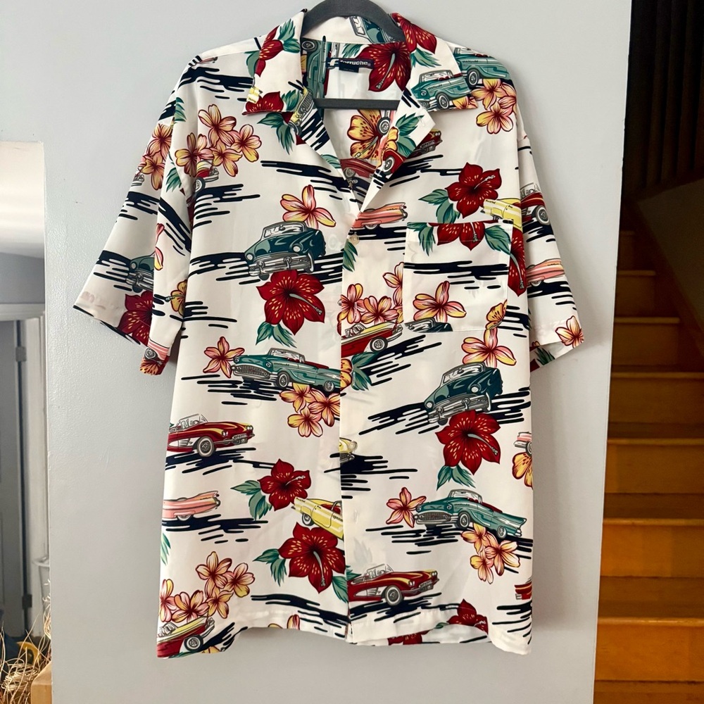 Ferruche Tropical Tiki Classic Car Print Men's Casual Hawaiian Shirt
